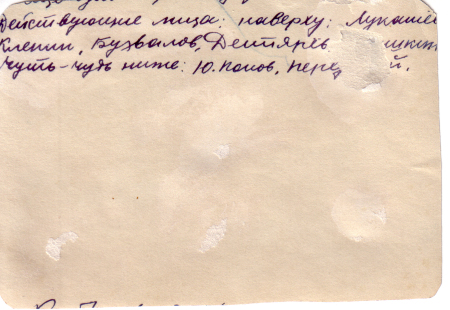 Действующие лица. Наверху: Лукашин, Клепин, Бузвалов, Дегтярев, ...? неразборчиво. Чуть-чуть ниже: Ю.Попов, Передерий.